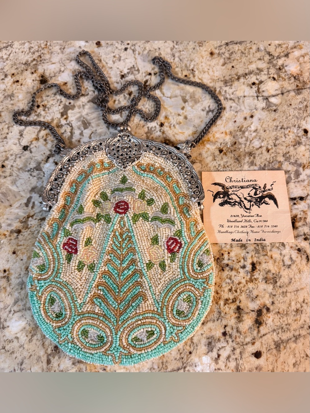 Vintage Christiana Hand Beaded Silk Purse - Pristine With Mirror